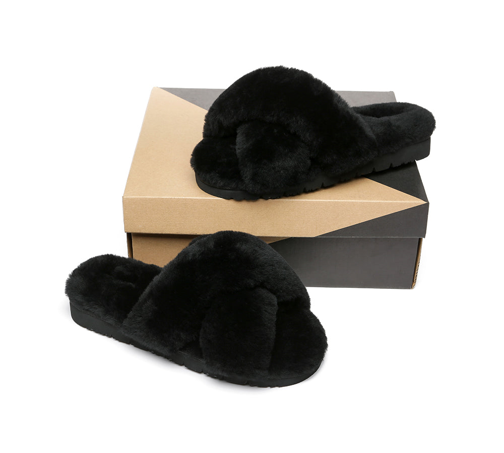 Slides - Leanna Women Fluffy Crossover Slides