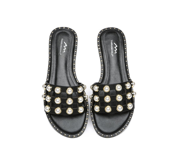 Slides - Leather Flat Slides With Pearls Women Junia