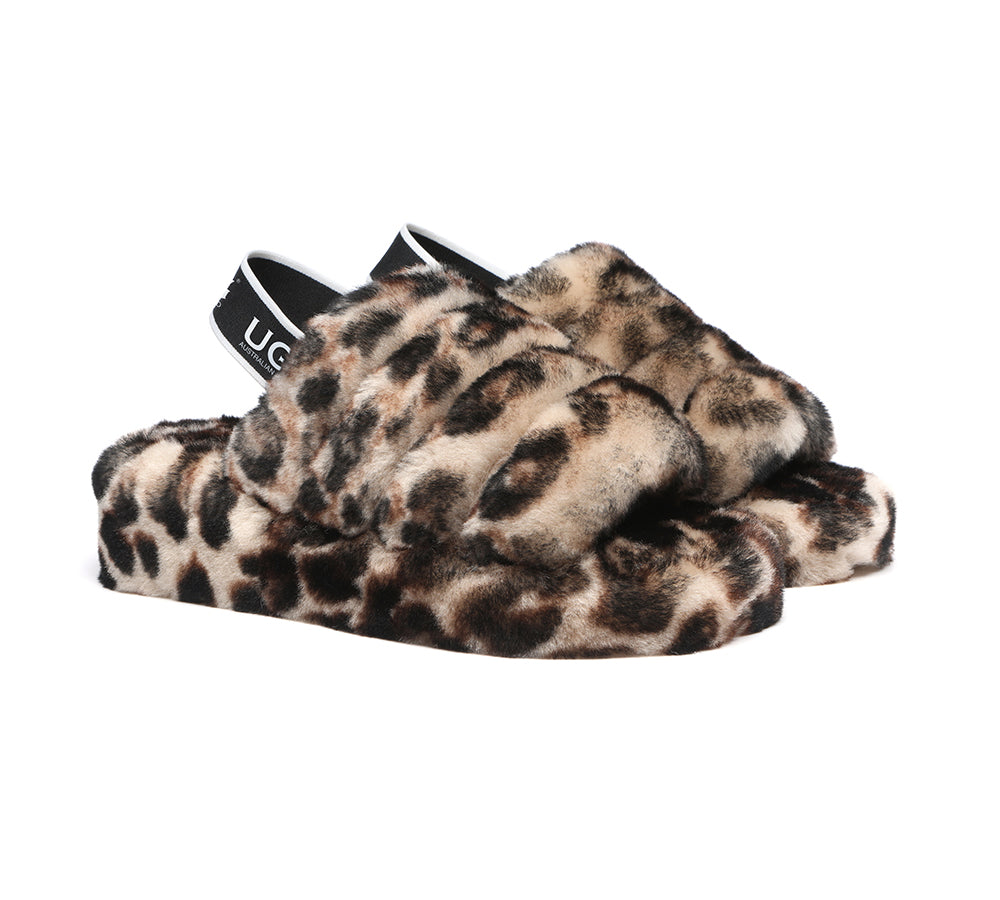 UGG Slides Women Sheepskin Wool Leopard Print Fluffy Sandals