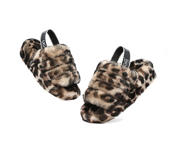 UGG Slides Women Sheepskin Wool Leopard Print Fluffy Sandals