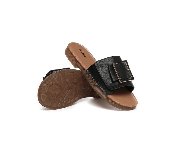 Slides - Women Leather Buckle Top Ultra Soft Slides Bera
