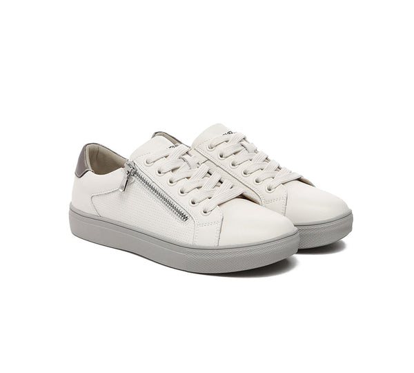 Sneakers - EVERAU® Women Leather Zip Decor Low-top White Sneakers Chloe