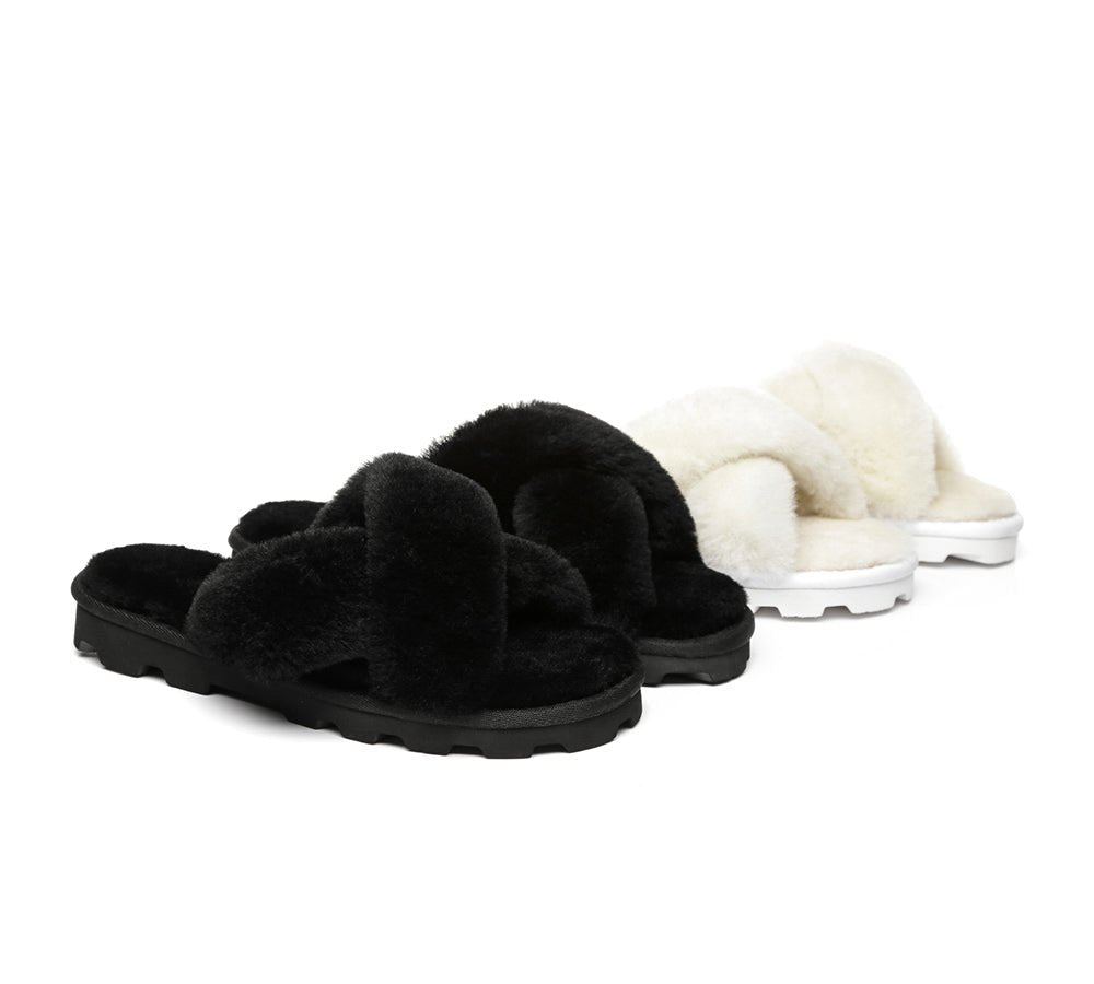 TARRAMARRA® Women Cross Fluffy Slides Nancy - Sandals - Black - AU Ladies 4 / AU Men 2 / EU 35 - Uggoutlet