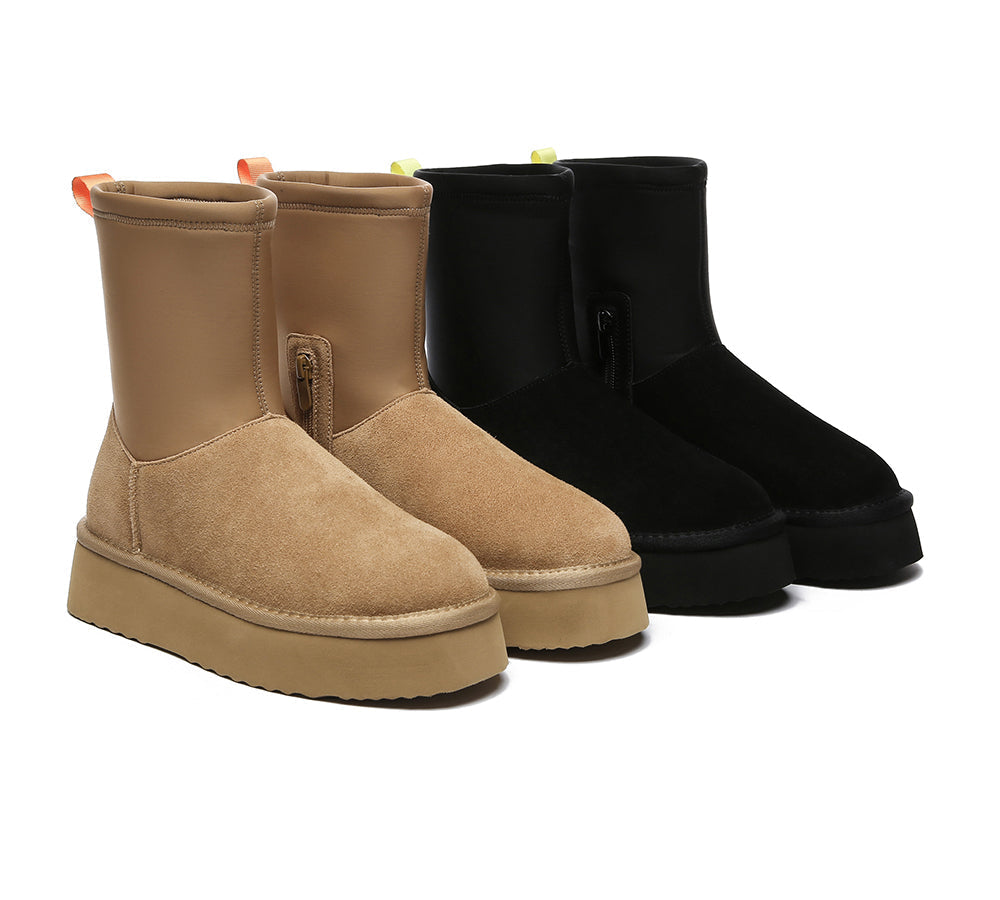 UGG Platform Boots Women Sheepskin Wool Zipper Decor Stretchy Mid