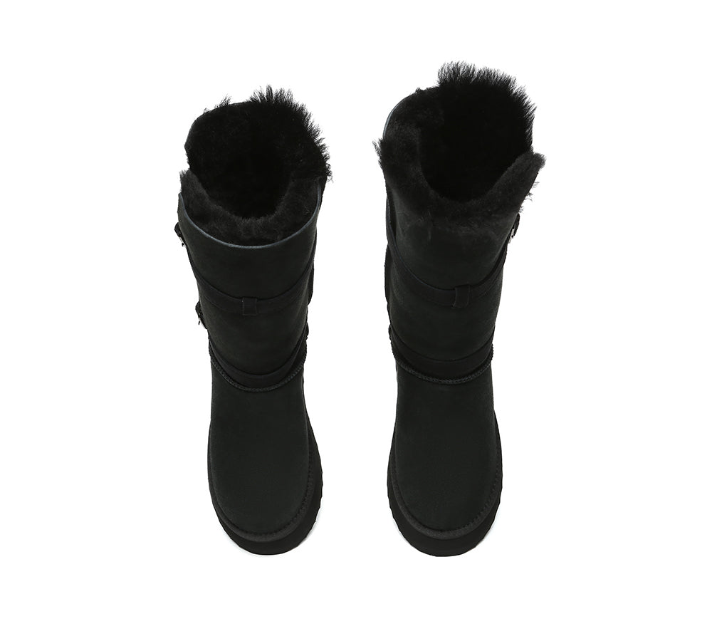 EVERAU UGG Boots Women Sheepskin Wool Knee High Platform Tall Valerie - Black - Uggoutlet
