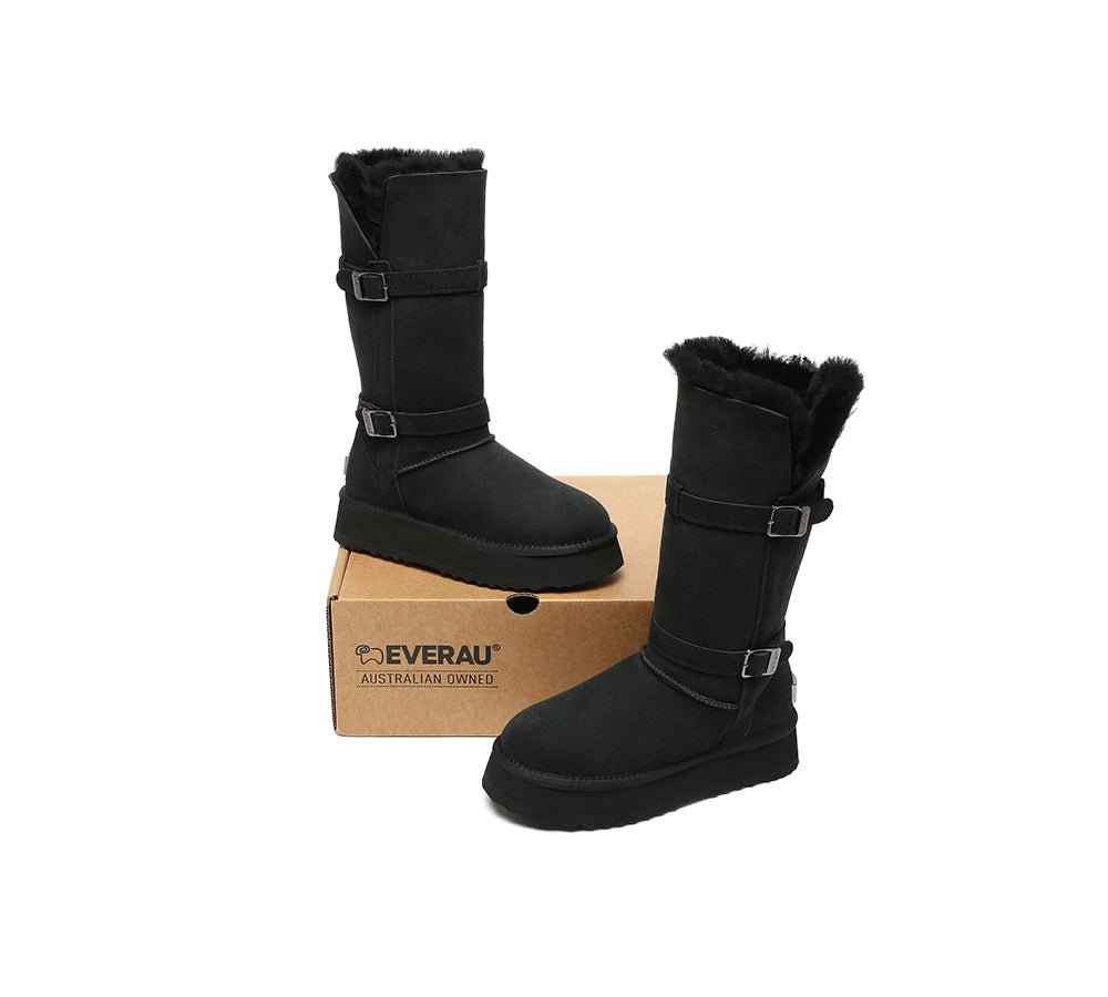 EVERAU UGG Boots Women Sheepskin Wool Knee High Platform Tall Valerie - Black - Uggoutlet