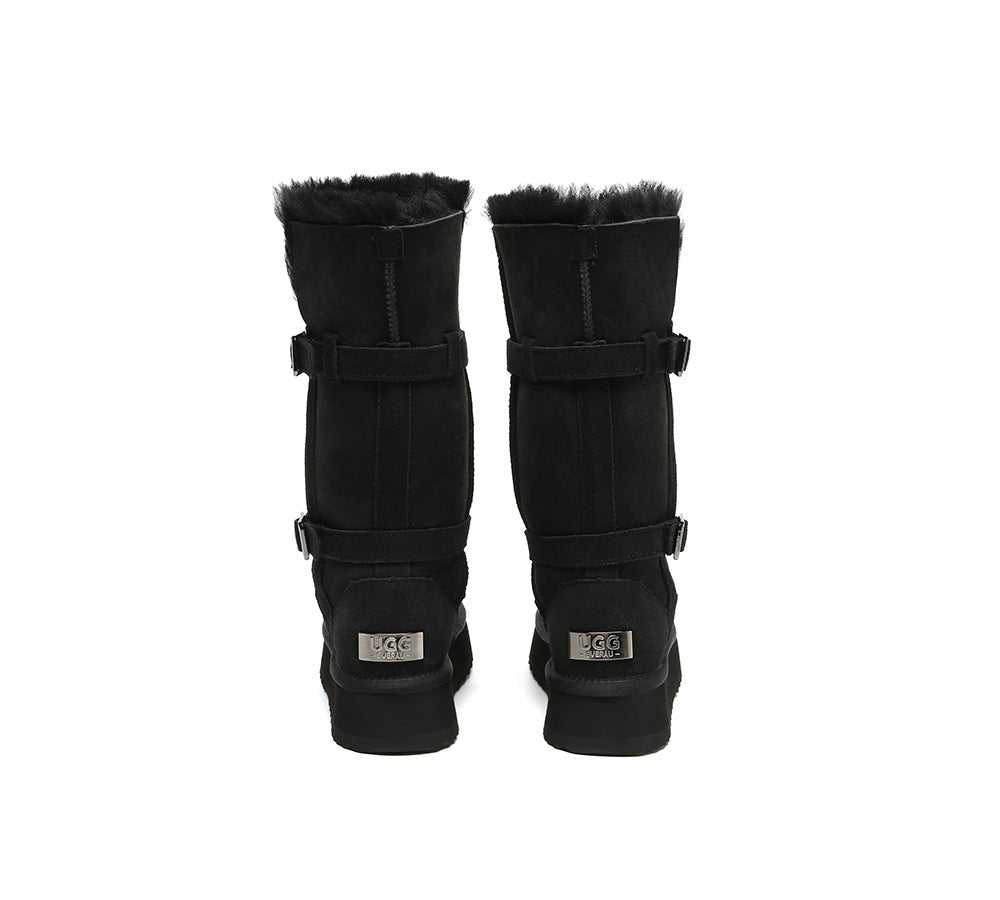 EVERAU UGG Boots Women Sheepskin Wool Knee High Platform Tall Valerie - Black - Uggoutlet