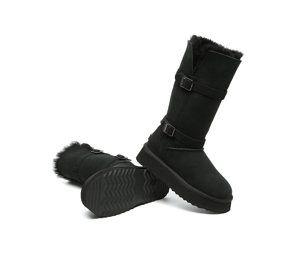 EVERAU UGG Boots Women Sheepskin Wool Knee High Platform Tall Valerie - Black - Uggoutlet