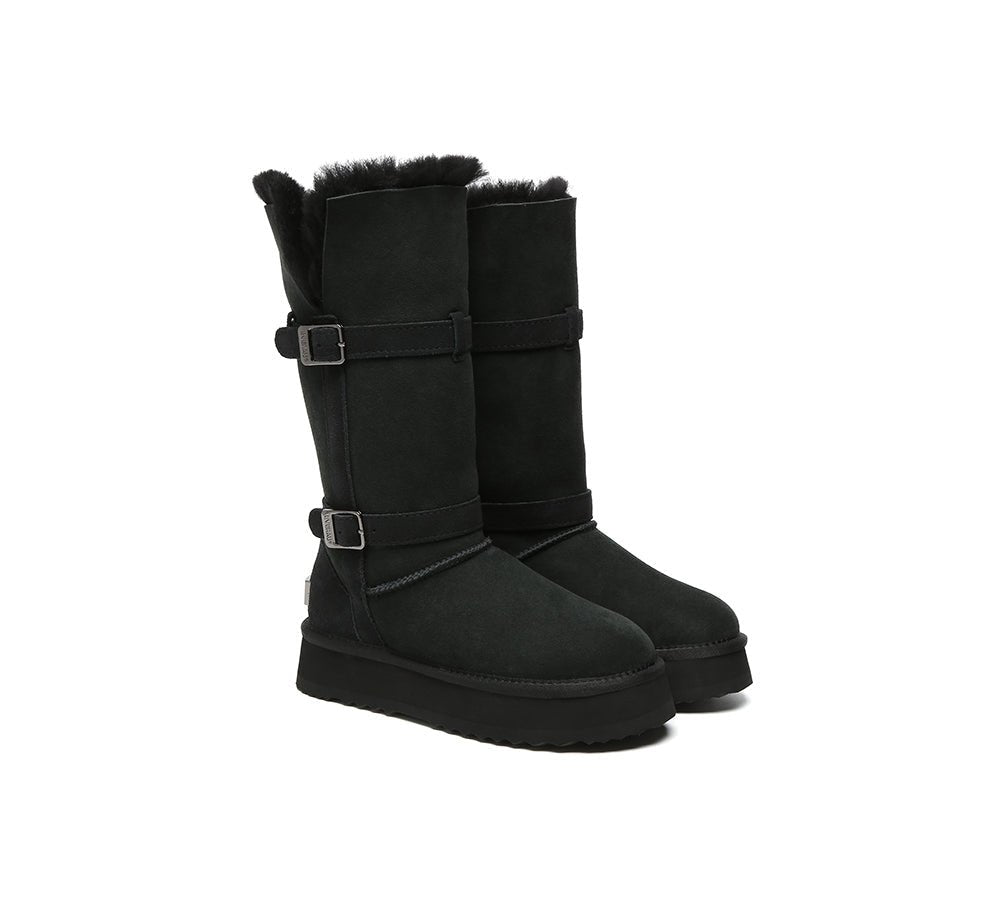 EVERAU UGG Boots Women Sheepskin Wool Knee High Platform Tall Valerie - Black - Uggoutlet