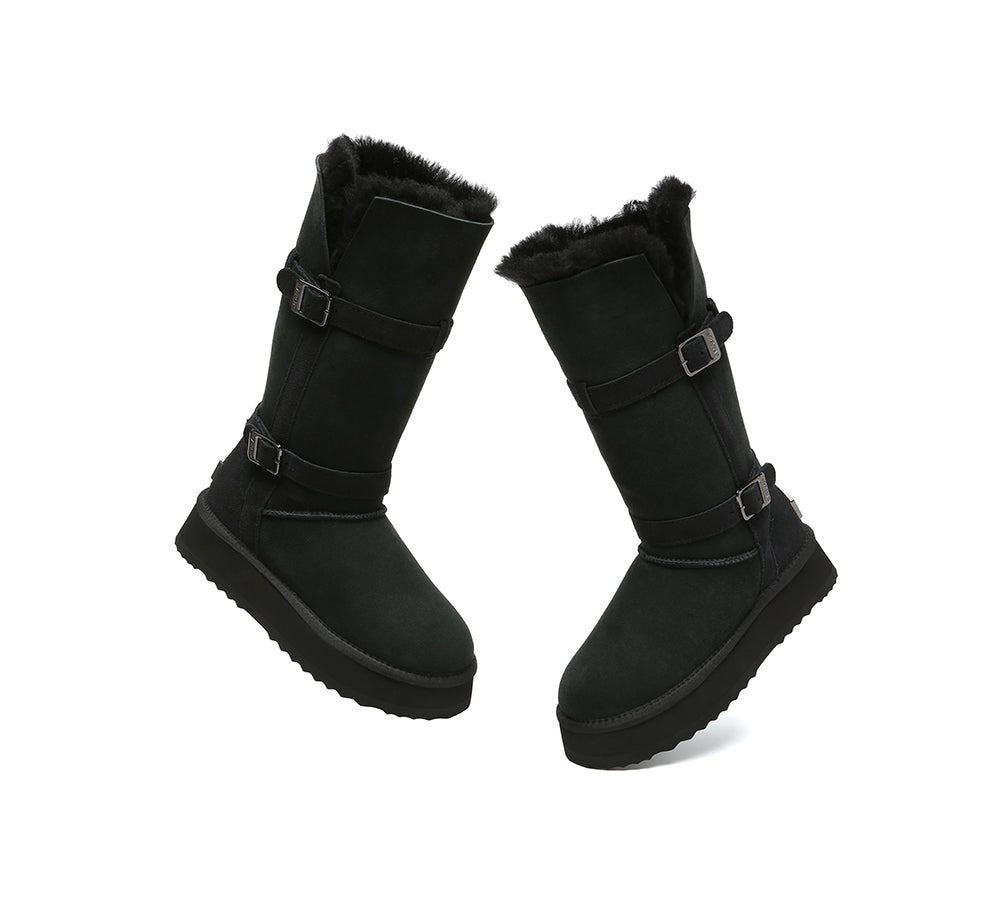 EVERAU UGG Boots Women Sheepskin Wool Knee High Platform Tall Valerie - Black - Uggoutlet