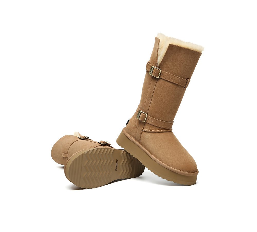 EVERAU UGG Boots Women Sheepskin Wool Knee High Platform Tall Valerie - Chestnut - Uggoutlet