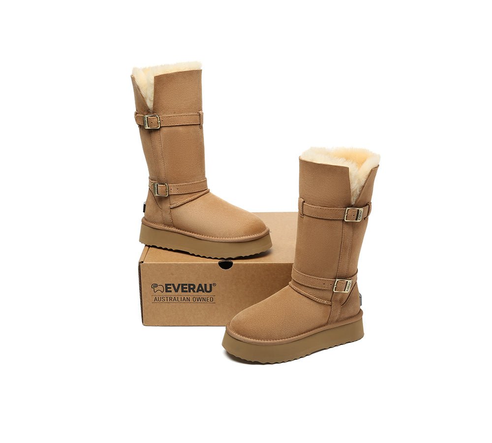 EVERAU UGG Boots Women Sheepskin Wool Knee High Platform Tall Valerie - Chestnut - Uggoutlet