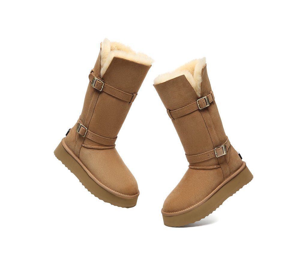 EVERAU UGG Boots Women Sheepskin Wool Knee High Platform Tall Valerie - Chestnut - Uggoutlet