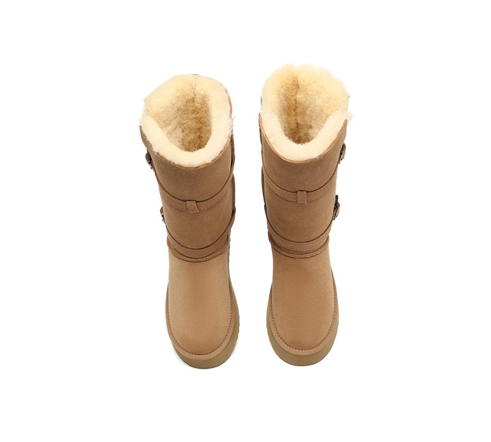 EVERAU UGG Boots Women Sheepskin Wool Knee High Platform Tall Valerie - Chestnut - Uggoutlet