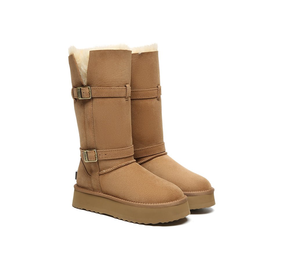 EVERAU UGG Boots Women Sheepskin Wool Knee High Platform Tall Valerie - Chestnut - Uggoutlet