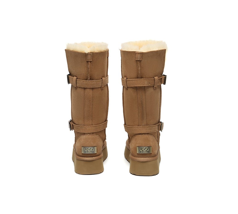 EVERAU UGG Boots Women Sheepskin Wool Knee High Platform Tall Valerie - Chestnut - Uggoutlet