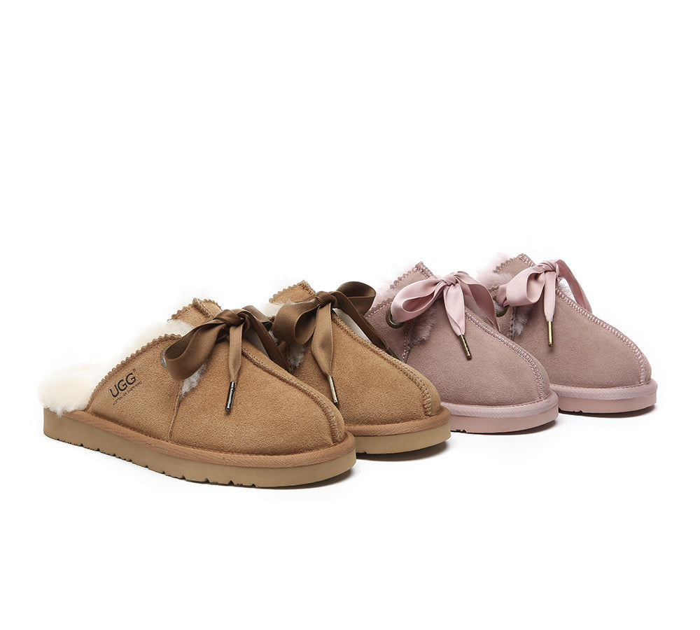 UGG Slippers Women Sheepskin Wool Adjustable Ribbon Slippers