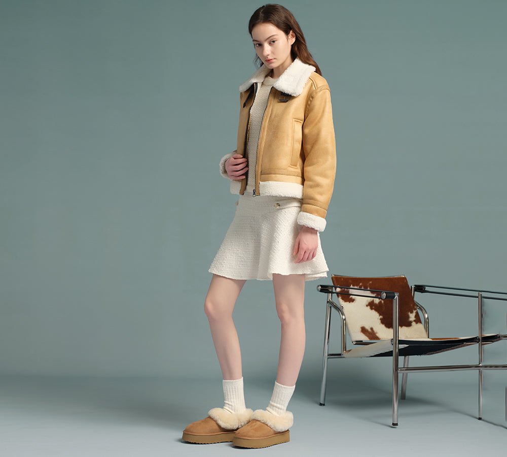 UGG Slippers Women Sheepskin Wool Collar Ankle Platform Clarrie - UGG Slippers - Chestnut - AU Ladies 4 / AU Men 2 / EU 35 - Uggoutlet