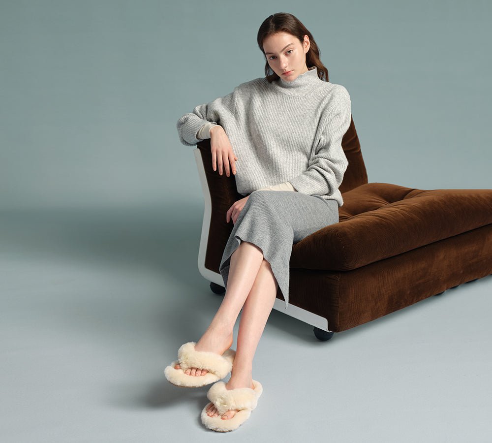 UGG Thongs Women Fluffy Slides Farah - UGG Slippers - Cream - AU Ladies 4 / AU Men 2 / EU 35 - Uggoutlet