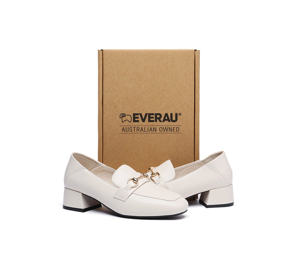 Women Leather Gold Buckle Low Block Heel Loafers Mia - Heels - Beige - AU Ladies 4 / AU Men 2 / EU 35 - Uggoutlet