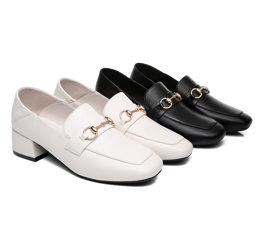 Women Leather Gold Buckle Low Block Heel Loafers Mia - Heels - Beige - AU Ladies 4 / AU Men 2 / EU 35 - Uggoutlet