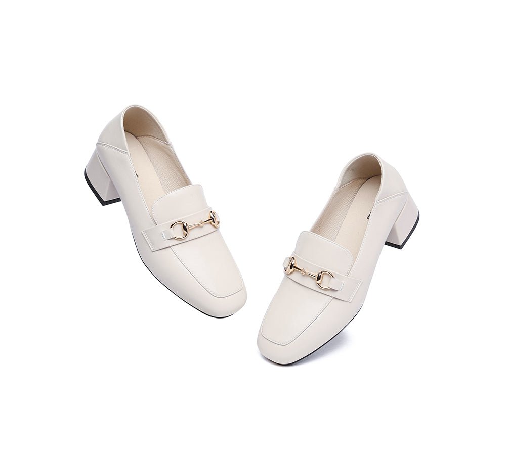 Women Leather Gold Buckle Low Block Heel Loafers Mia - Heels - Beige - AU Ladies 4 / AU Men 2 / EU 35 - Uggoutlet