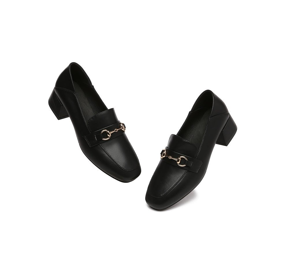 Women Leather Gold Buckle Low Block Heel Loafers Mia - Heels - Black - AU Ladies 4 / AU Men 2 / EU 35 - Uggoutlet