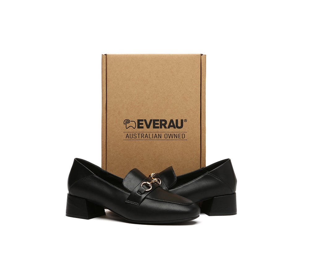Women Leather Gold Buckle Low Block Heel Loafers Mia - Heels - Black - AU Ladies 4 / AU Men 2 / EU 35 - Uggoutlet