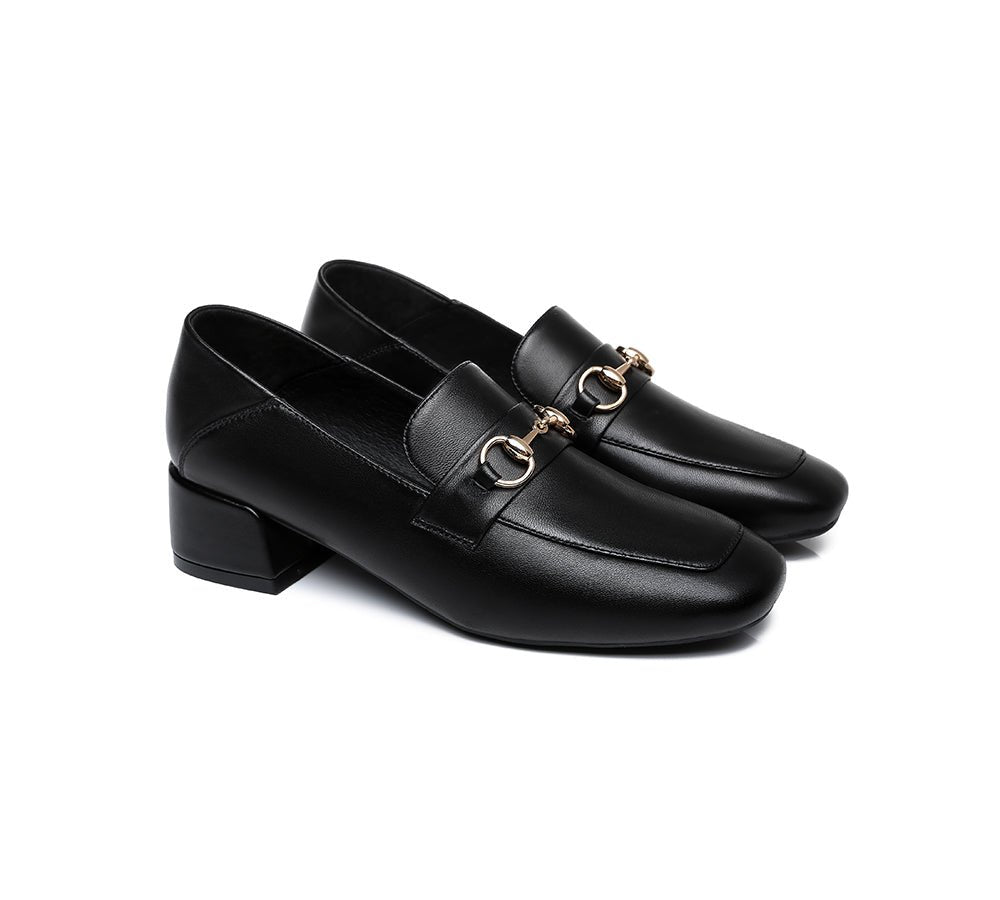 Women Leather Gold Buckle Low Block Heel Loafers Mia - Heels - Black - AU Ladies 4 / AU Men 2 / EU 35 - Uggoutlet