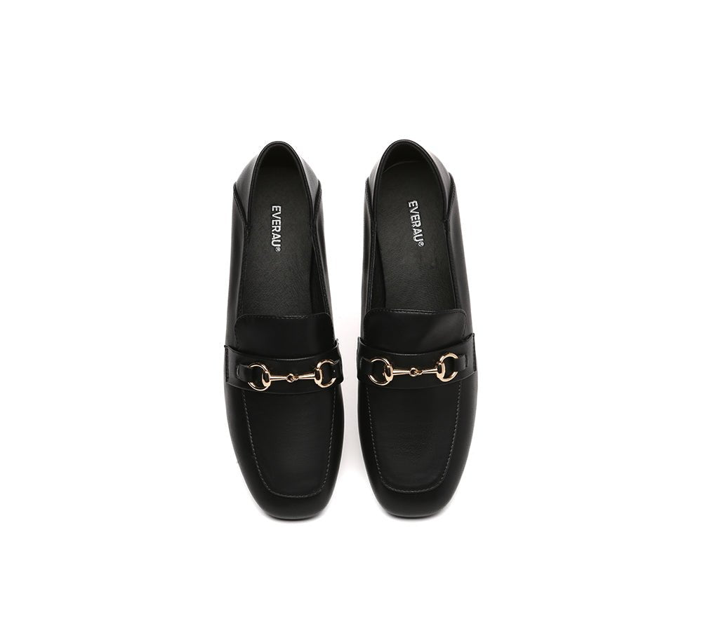 Women Leather Gold Buckle Low Block Heel Loafers Mia - Heels - Black - AU Ladies 4 / AU Men 2 / EU 35 - Uggoutlet
