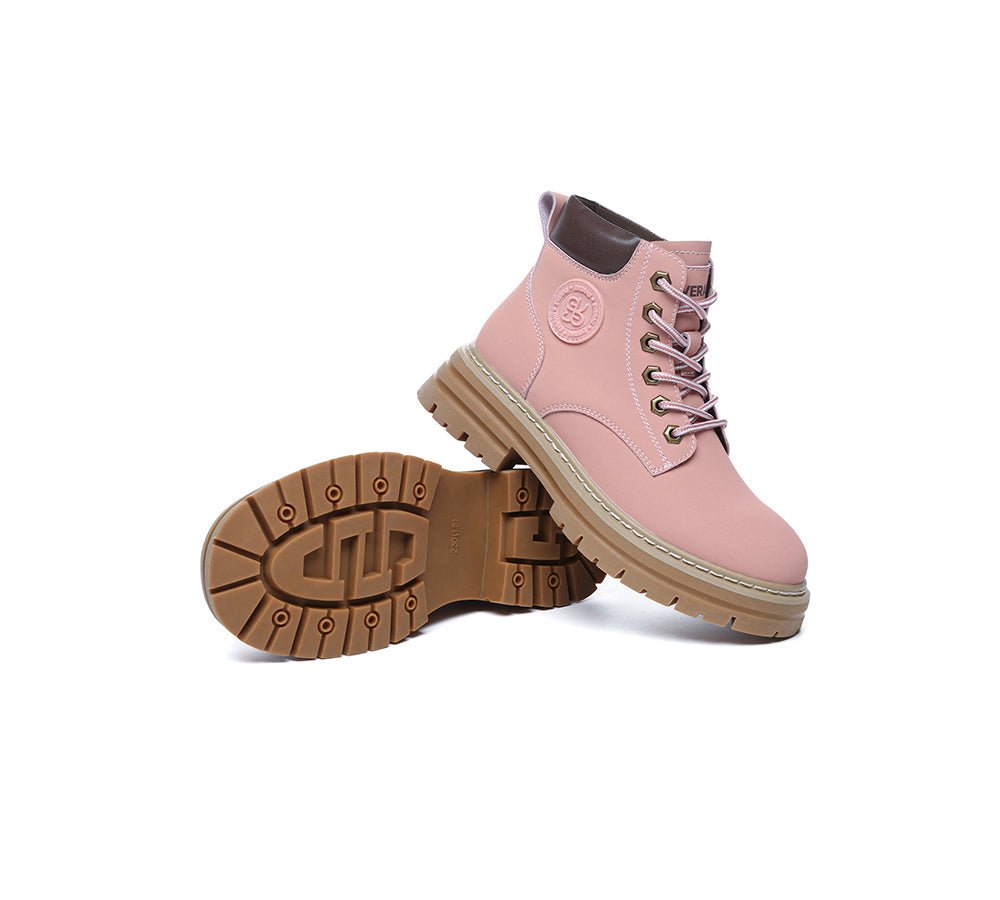 Women Leather Lace Up Chunky Boots Stephanie - Leather Boots - Pink - AU Ladies 4 / AU Men 2 / EU 35 - Uggoutlet