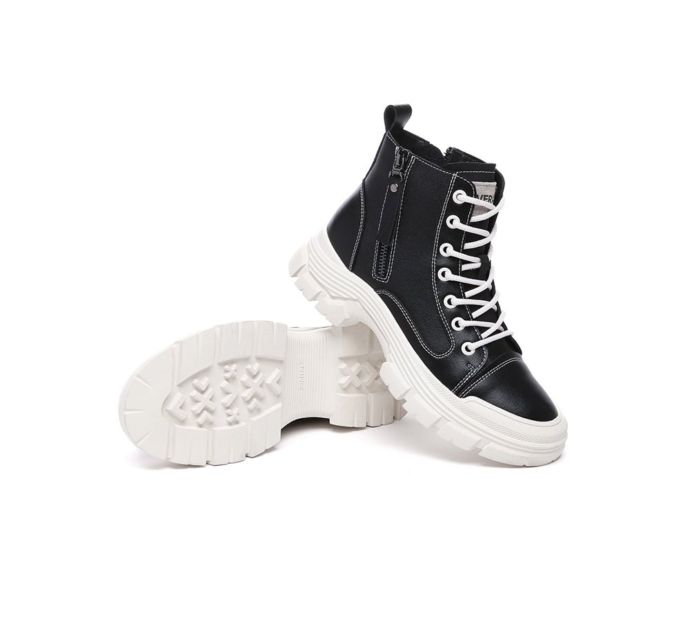 Women Leather Lace Up Zipper Chunky Boots Lorrin - Leather Boots - Black - AU Ladies 4 / AU Men 2 / EU 35 - Uggoutlet
