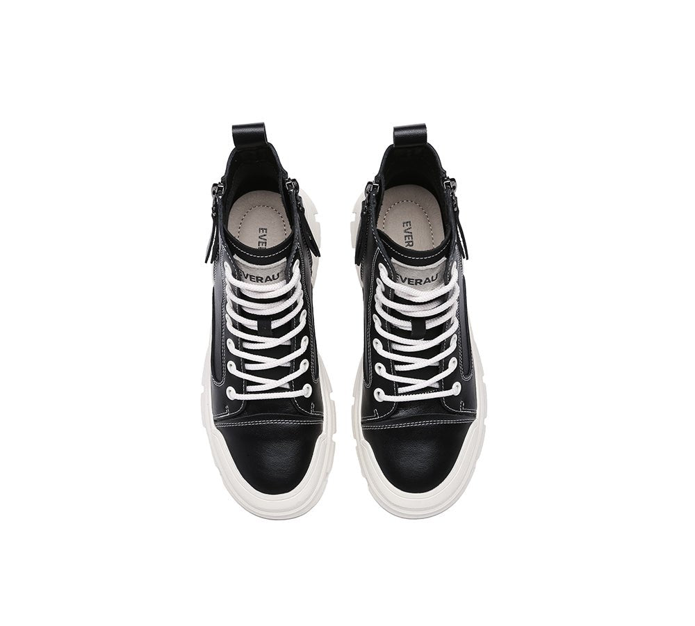 Women Leather Lace Up Zipper Chunky Boots Lorrin - Leather Boots - Black - AU Ladies 4 / AU Men 2 / EU 35 - Uggoutlet