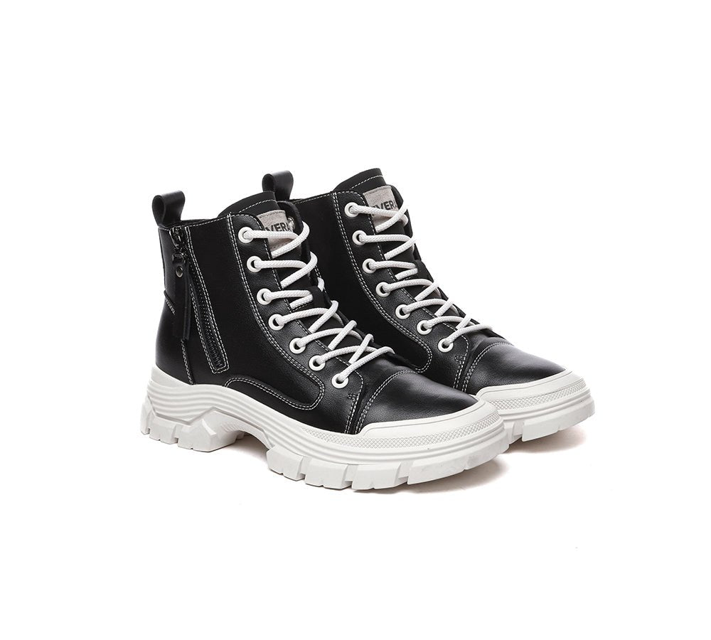 Women Leather Lace Up Zipper Chunky Boots Lorrin - Leather Boots - Black - AU Ladies 4 / AU Men 2 / EU 35 - Uggoutlet