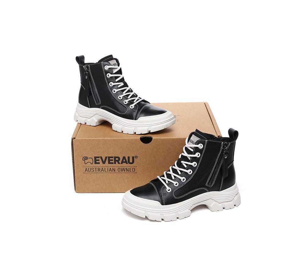 Women Leather Lace Up Zipper Chunky Boots Lorrin - Leather Boots - Black - AU Ladies 4 / AU Men 2 / EU 35 - Uggoutlet