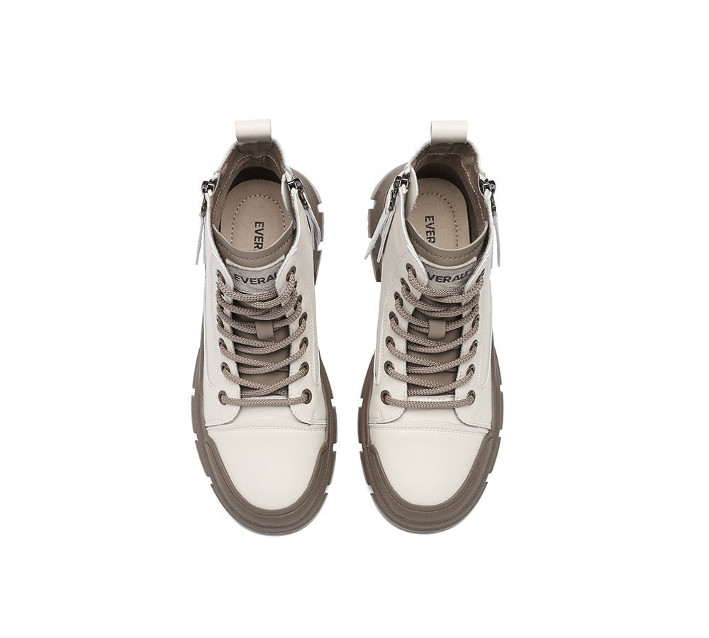 Women Leather Lace Up Zipper Chunky Boots Lorrin - Leather Boots - White - AU Ladies 4 / AU Men 2 / EU 35 - Uggoutlet