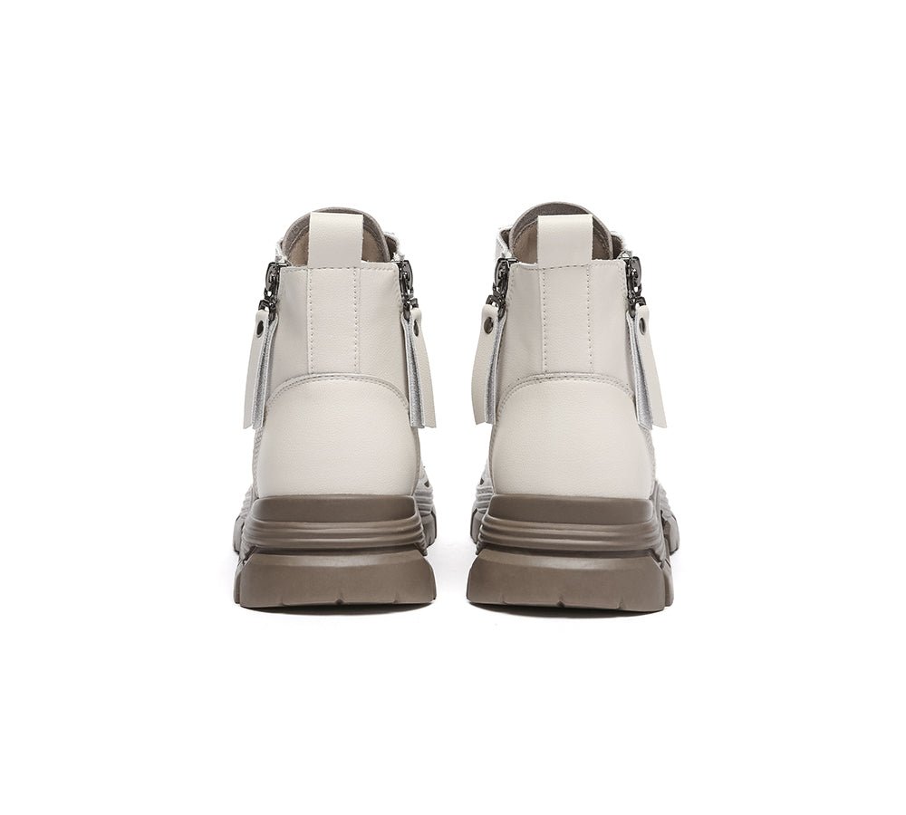 Women Leather Lace Up Zipper Chunky Boots Lorrin - Leather Boots - White - AU Ladies 4 / AU Men 2 / EU 35 - Uggoutlet