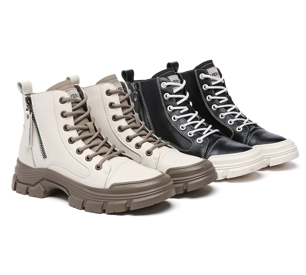 Women Leather Lace Up Zipper Chunky Boots Lorrin - Leather Boots - White - AU Ladies 4 / AU Men 2 / EU 35 - Uggoutlet