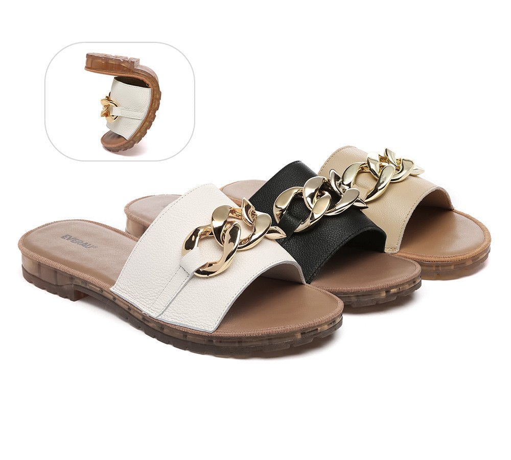 Women Leather Metal Ultra Soft Flat Slides Jianna - Slides - White - AU Ladies 4 / AU Men 2 / EU 35 - Uggoutlet
