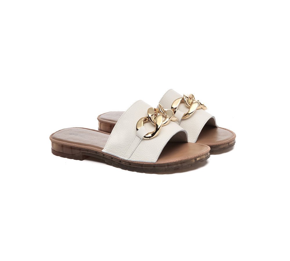 Women Leather Metal Ultra Soft Flat Slides Jianna - Slides - White - AU Ladies 4 / AU Men 2 / EU 35 - Uggoutlet