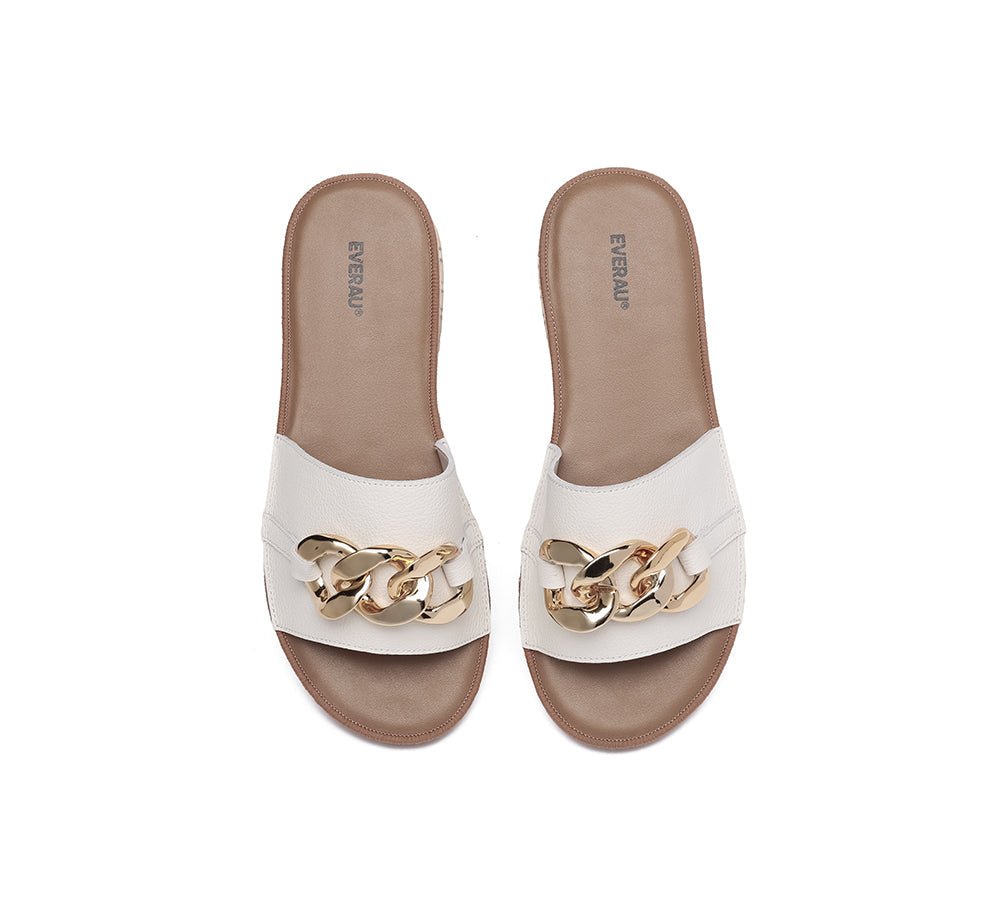 Women Leather Metal Ultra Soft Flat Slides Jianna - Slides - White - AU Ladies 4 / AU Men 2 / EU 35 - Uggoutlet