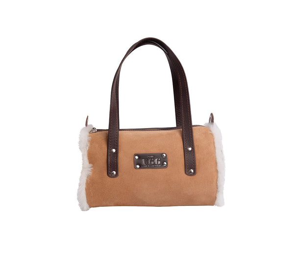 Women Sheepskin Wool Medium Hand Carry Zip Barrel Bag - Bags - Chestnut - One Size - Uggoutlet