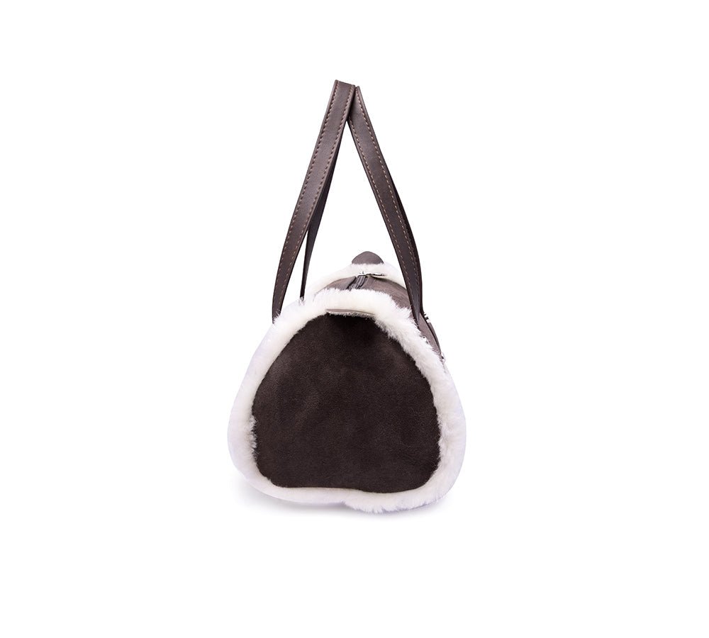 Women Sheepskin Wool Medium Hand Carry Zip Barrel Bag - Bags - Chocolate - One Size - Uggoutlet