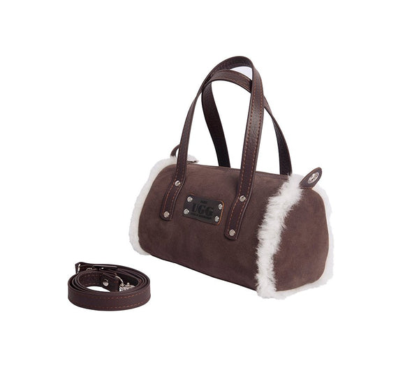 Women Sheepskin Wool Medium Hand Carry Zip Barrel Bag - Bags - Chocolate - One Size - Uggoutlet