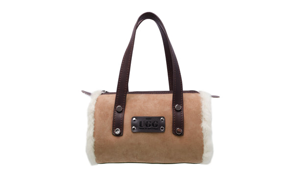 Women Sheepskin Wool Small Hand Carry Zip Barrell Bag - Bags - Chestnut - One Size - Uggoutlet