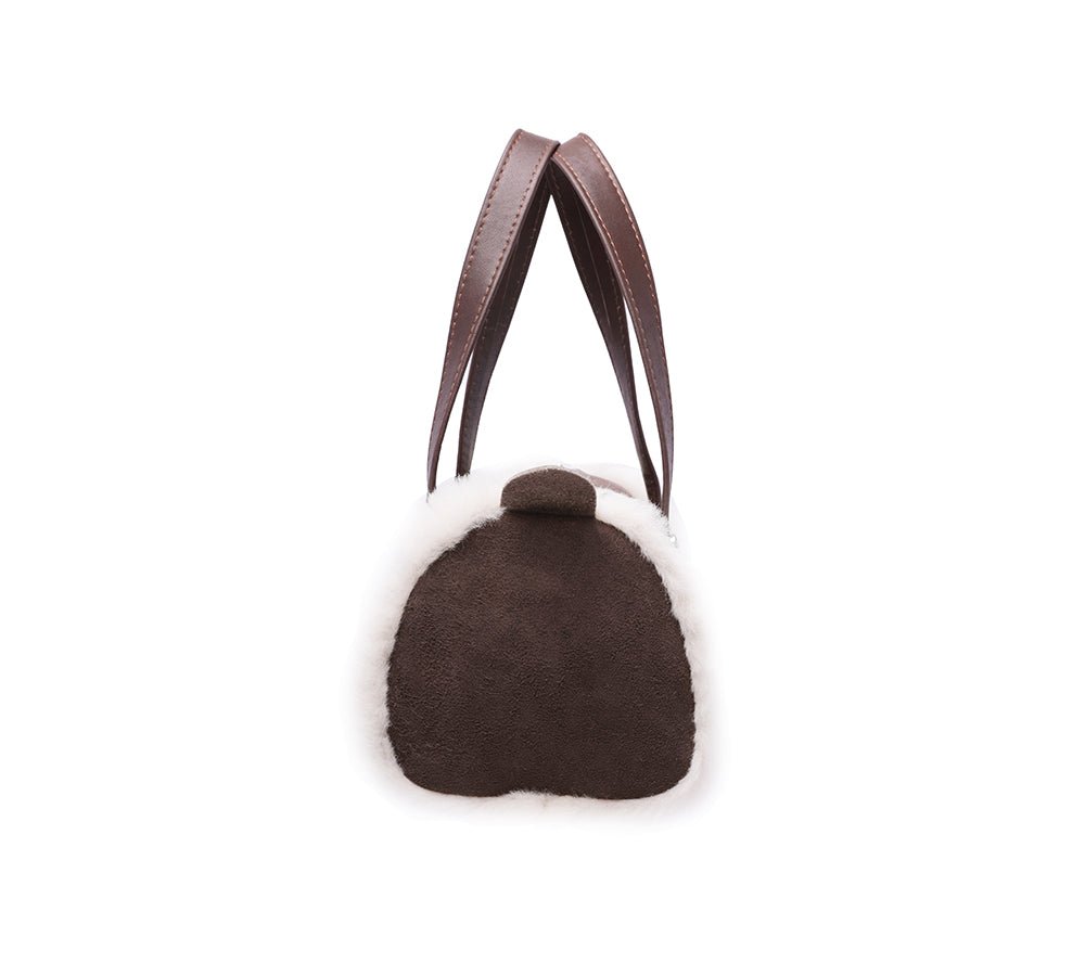 Women Sheepskin Wool Small Hand Carry Zip Barrell Bag - Bags - Chocolate - One Size - Uggoutlet